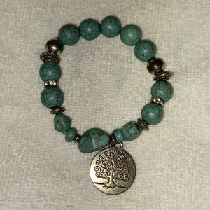Turquoise stone silver elastic Family tree bracelet